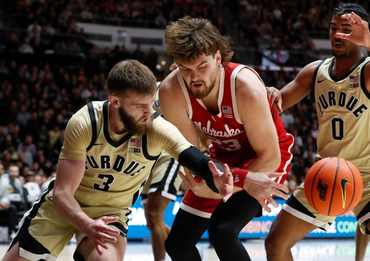 Purdue Boilermakers guard Braden Smith (3) steals the ball from Nebraska Cornhuskers forward Andrew Morgan (23) Sunday, Jan. 12, 2025, during the NCAA men’s basketball game at Mackey Arena in West Lafayette, Ind.