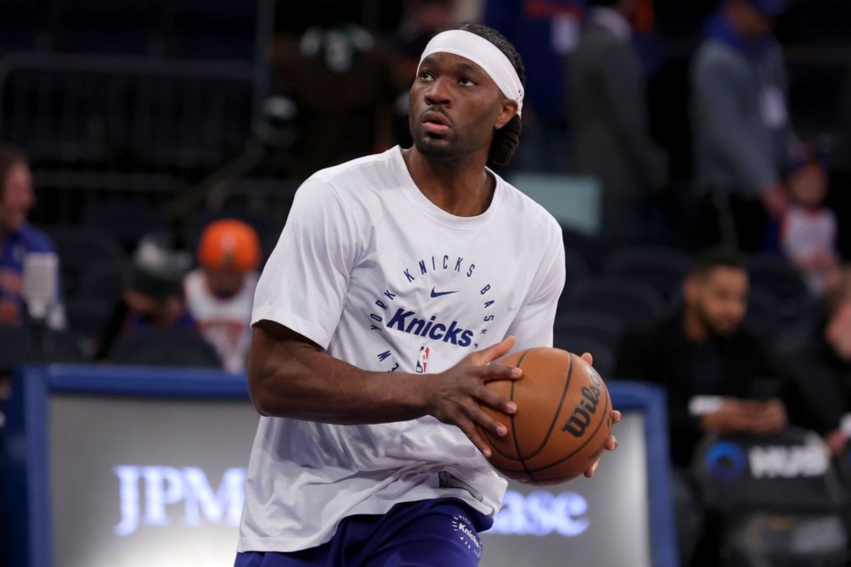 Jan 12, 2025; New York, New York, USA; New York Knicks forward Precious Achiuwa (5) warms up before a game against the Milwaukee Bucks at Madison Square Garden. Mandatory Credit: Brad Penner-Imagn Images