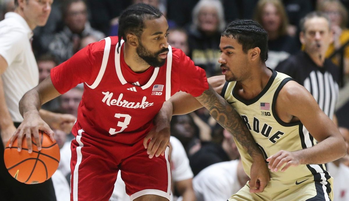 Nebraska Cornhuskers guard Brice Williams (3) is guarded by Purdue Boilermakers guard C.J. Cox (0) Sunday, Jan. 12, 2025, during the NCAA men’s basketball game at Mackey Arena in West Lafayette, Ind. Purdue Boilermakers won 104-68.