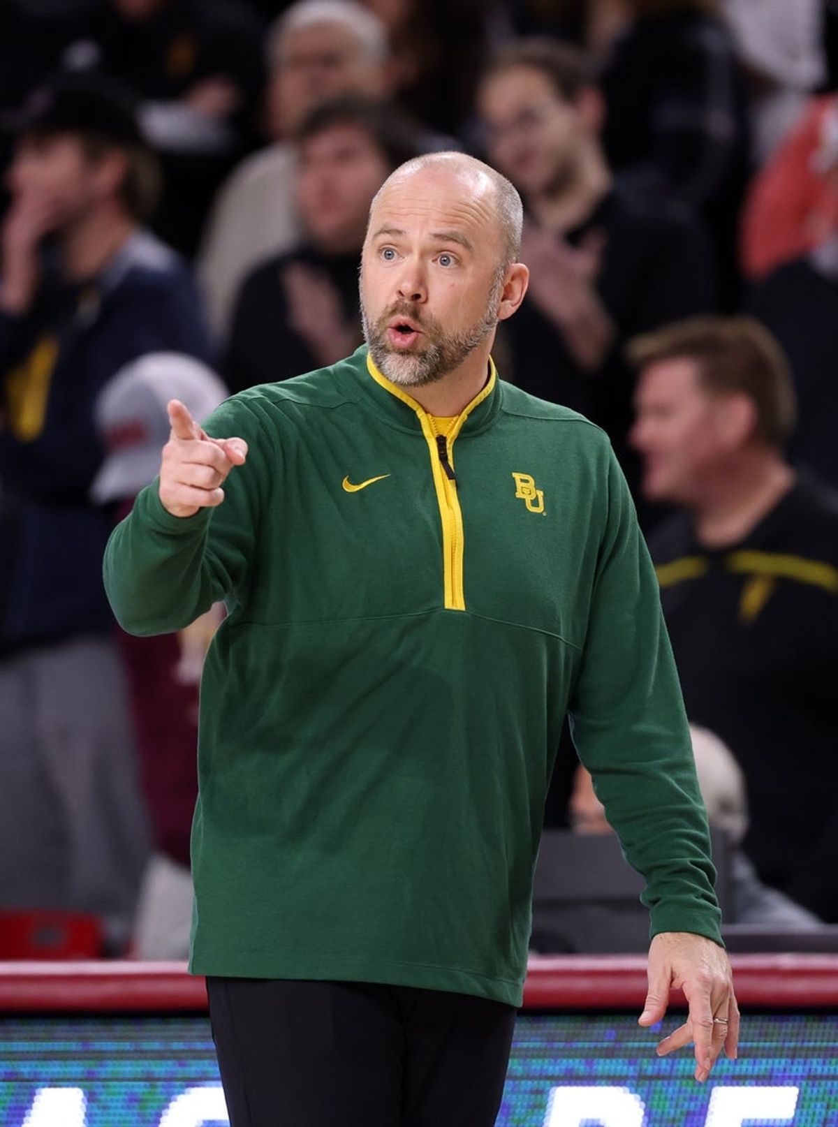 Jan 11, 2025; Tempe, Arizona, USA; Baylor Bears assistant coach Bill Armstrong against the Arizona State Sun Devils at Desert Financial Arena. Mandatory Credit: Mark J. Rebilas-Imagn Images