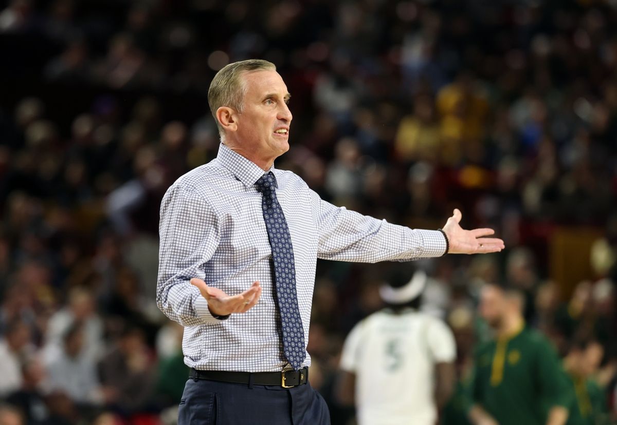 Jan 11, 2025; Tempe, Arizona, USA; Arizona State Sun Devils head coach Bobby Hurley reacts against the Baylor Bears at Desert Financial Arena. Mandatory Credit: Mark J. Rebilas-Imagn Images