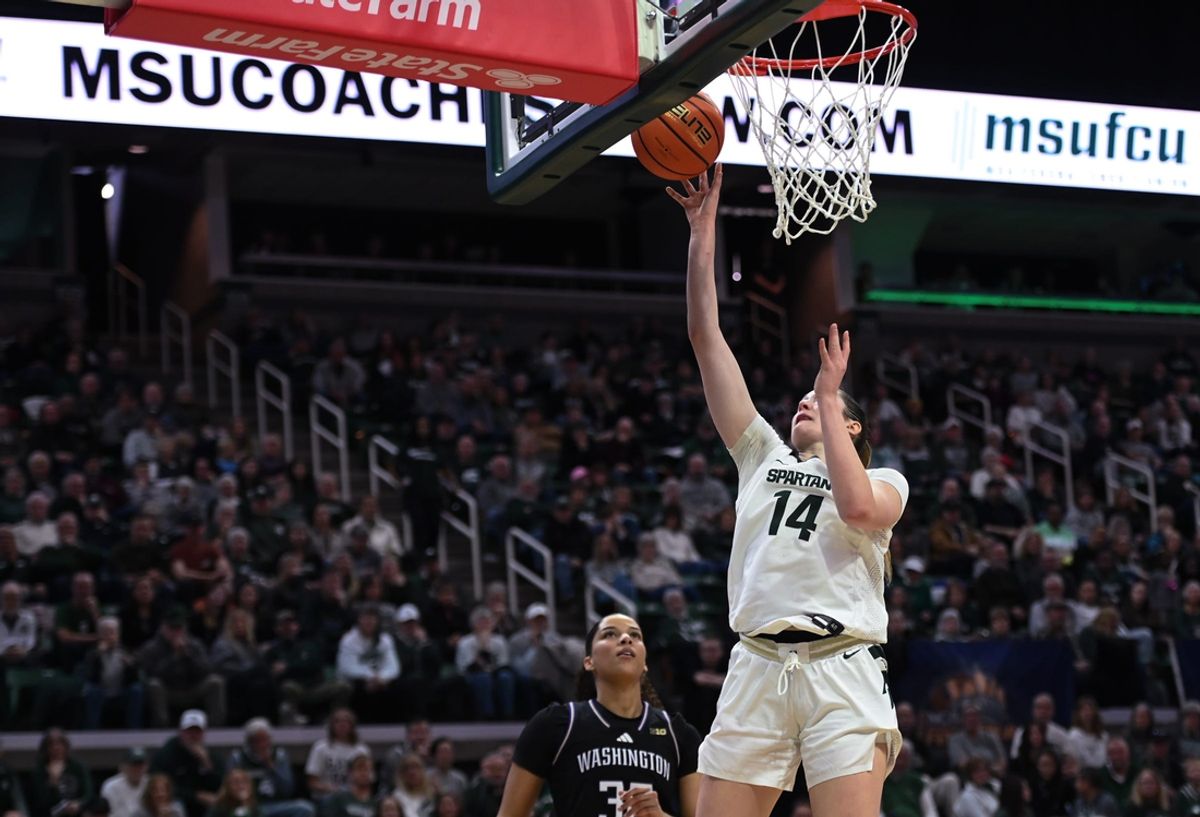 Grace VanSlooten of MSU drops in two from the paint against the Washington Huskies, Sunday, Jan. 12, 2025, at the Breslin Center in East Lansing. MSU won 80-68.