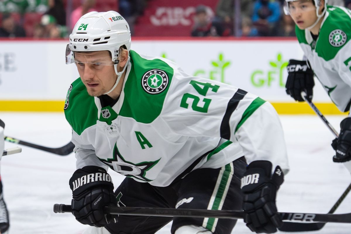 Jan 12, 2025; Ottawa, Ontario, CAN; Dallas Stars center Roope Hintz (24) gets ready for a faceoff in the first period against the Ottawa Senators at the Canadian Tire Centre. Mandatory Credit: Marc DesRosiers-Imagn Images