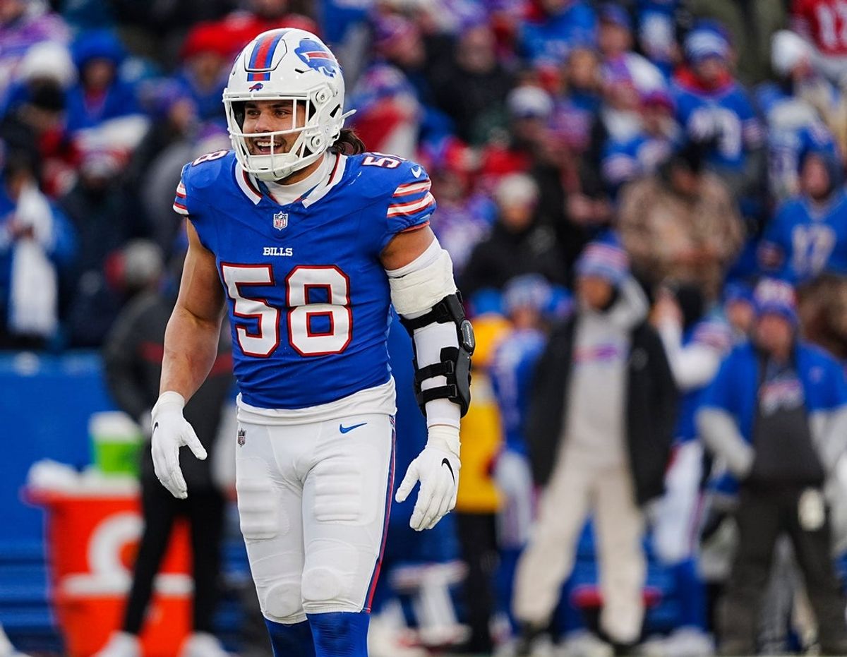 Buffalo Bills linebacker Matt Milano (58) smiles after making a tackle during the second half of the Buffalo Bills wild card game against the Denver Broncos at Highmark Stadium in Orchard Park on Jan. 12, 2025.