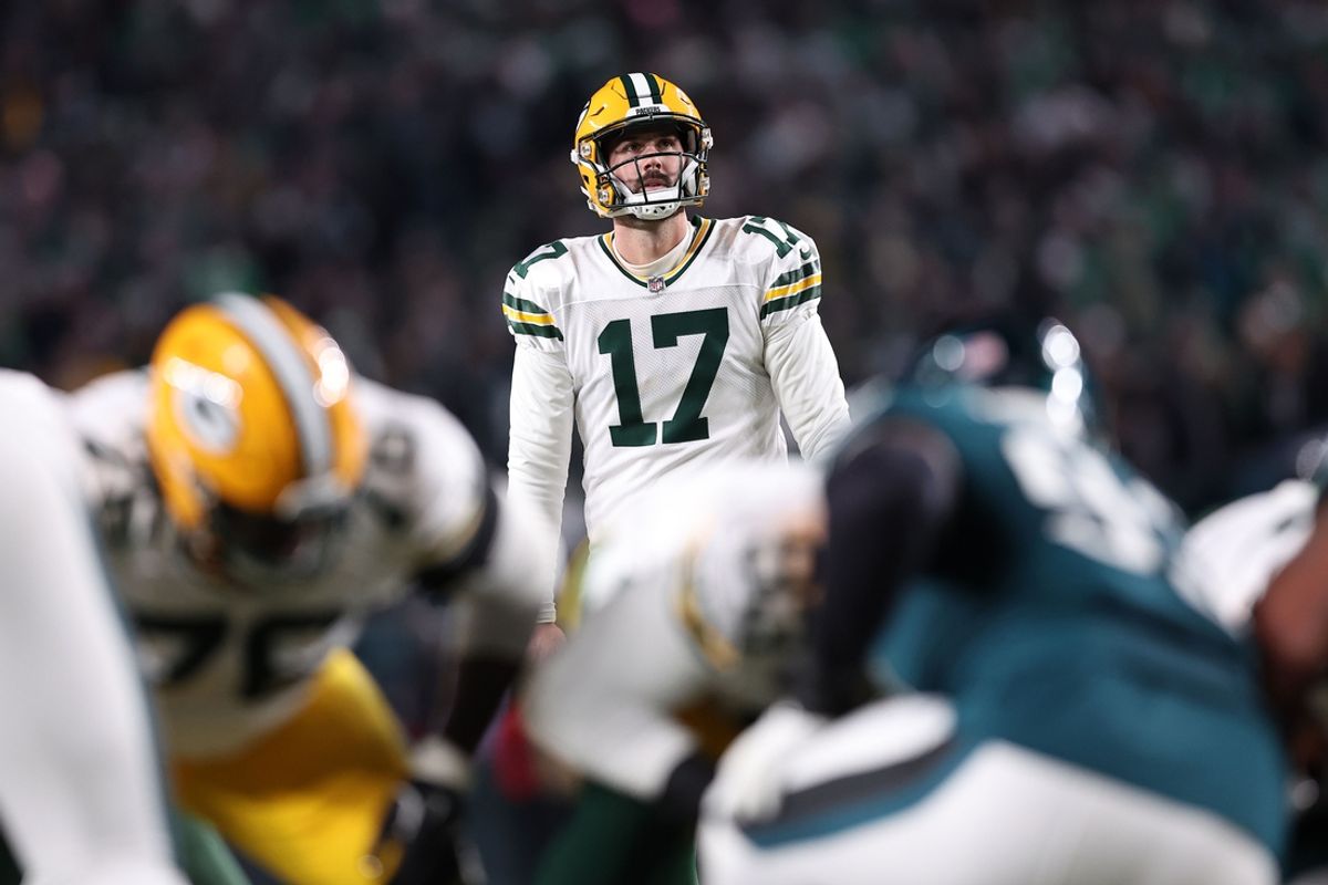 Jan 12, 2025; Philadelphia, Pennsylvania, USA; Green Bay Packers place kicker Brandon McManus (17) gets set to kick a field goal against the Philadelphia Eagles during the third quarter in an NFC wild card game at Lincoln Financial Field. Mandatory Credit: Bill Streicher-Imagn Images