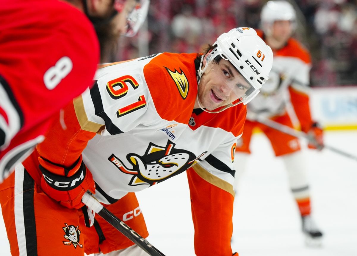 Jan 12, 2025; Raleigh, North Carolina, USA;  Anaheim Ducks left wing Cutter Gauthier (61) looks on against the Carolina Hurricanes during the second period at Lenovo Center. Mandatory Credit: James Guillory-Imagn Images