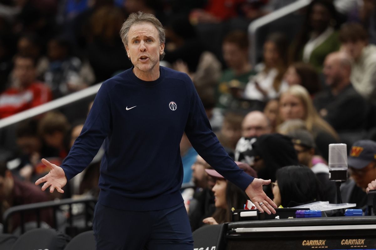 Jan 12, 2025; Washington, District of Columbia, USA; Washington Wizards head coach Brian Keefe gestures from the bench against the Oklahoma City Thunder in the third quarter at Capital One Arena. Mandatory Credit: Geoff Burke-Imagn Images