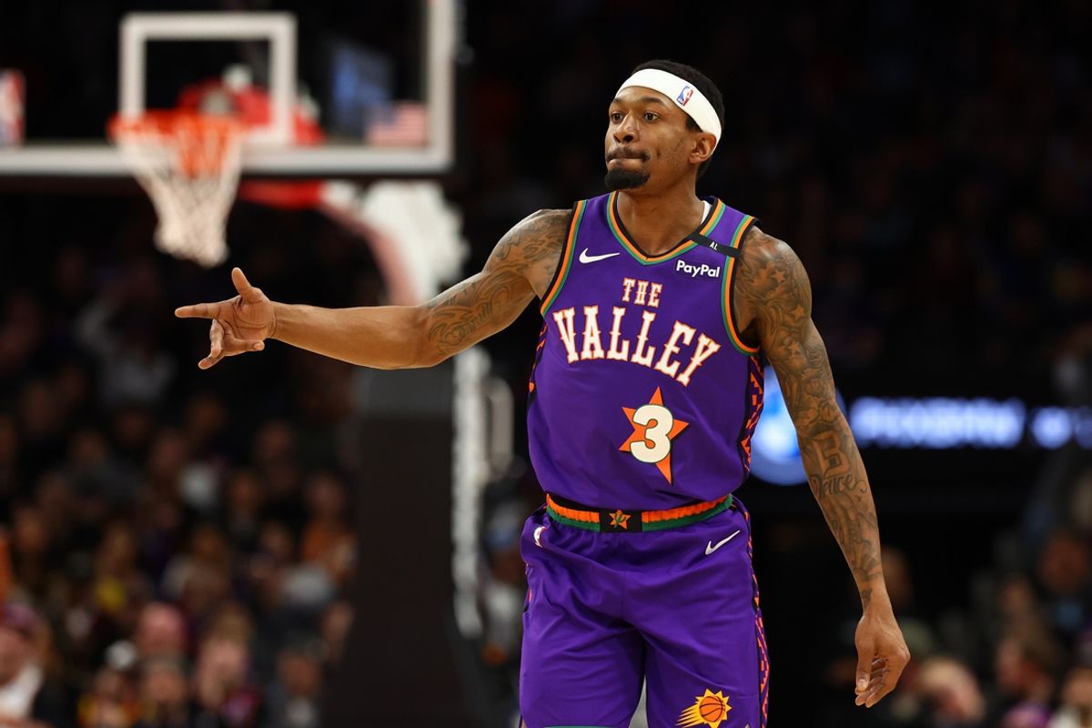 Jan 12, 2025; Phoenix, Arizona, USA; Phoenix Suns guard Bradley Beal (3) reacts against the Charlotte Hornets during the first half at Footprint Center. Mandatory Credit: Mark J. Rebilas-Imagn Images