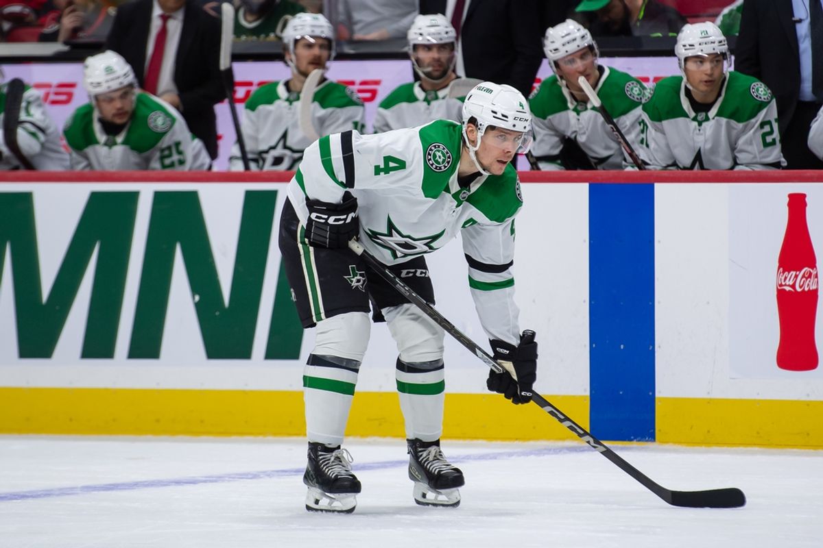 Jan 12, 2025; Ottawa, Ontario, CAN; Dallas Stars defenseman Miro Heiskanen (4) gets in position for a faceoff in the second period against the Ottawa Senators at the Canadian Tire Centre. Mandatory Credit: Marc DesRosiers-Imagn Images
