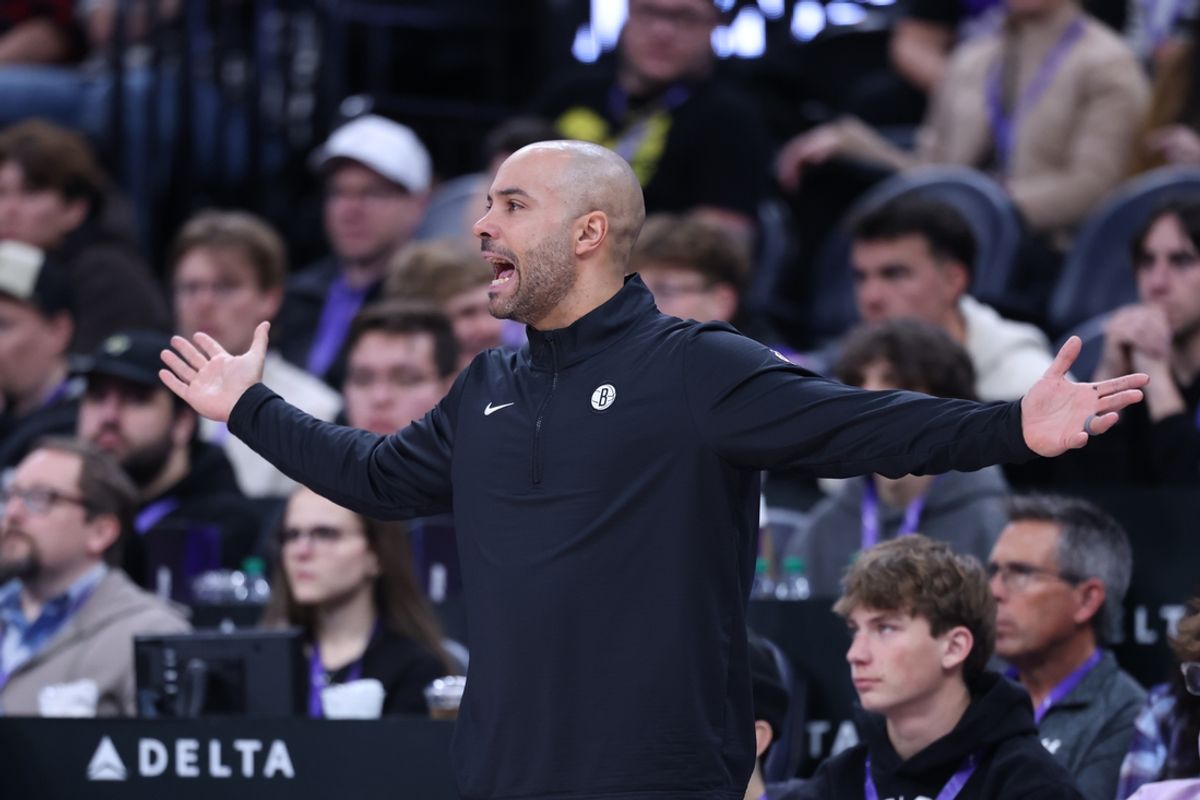 Jan 12, 2025; Salt Lake City, Utah, USA; Brooklyn Nets head coach Jordi Fernandez reacts to a play against the Utah Jazz during the fourth quarter at Delta Center. Mandatory Credit: Rob Gray-Imagn Images