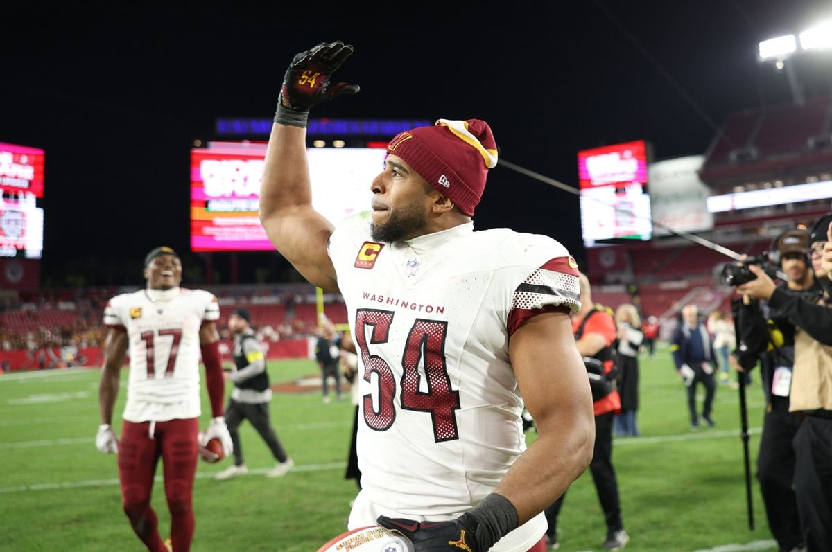 Jan 12, 2025; Tampa, Florida, USA; Washington Commanders linebacker Bobby Wagner (54) celebrates after winning a NFC wild card playoff against the Tampa Bay Buccaneers at Raymond James Stadium. Mandatory Credit: Nathan Ray Seebeck-Imagn Images