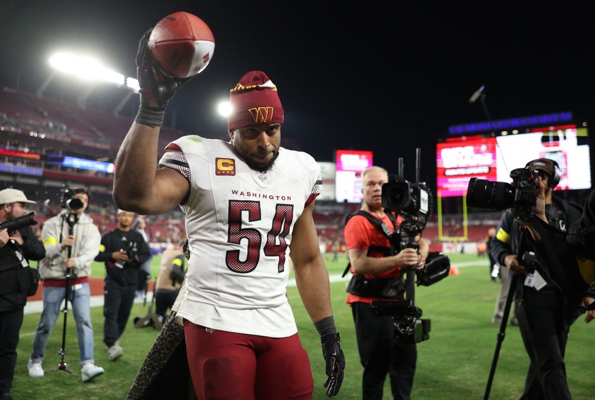 Jan 12, 2025; Tampa, Florida, USA; Washington Commanders linebacker Bobby Wagner (54) celebrates after winning a NFC wild card playoff against the Tampa Bay Buccaneers at Raymond James Stadium. Mandatory Credit: Nathan Ray Seebeck-Imagn Images