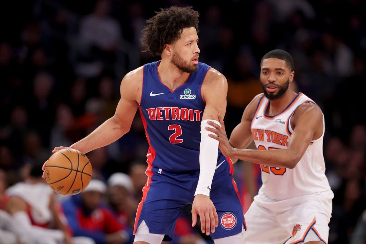 Jan 13, 2025; New York, New York, USA; Detroit Pistons guard Cade Cunningham (2) controls the ball against New York Knicks forward Mikal Bridges (25) during the second quarter at Madison Square Garden. Mandatory Credit: Brad Penner-Imagn Images