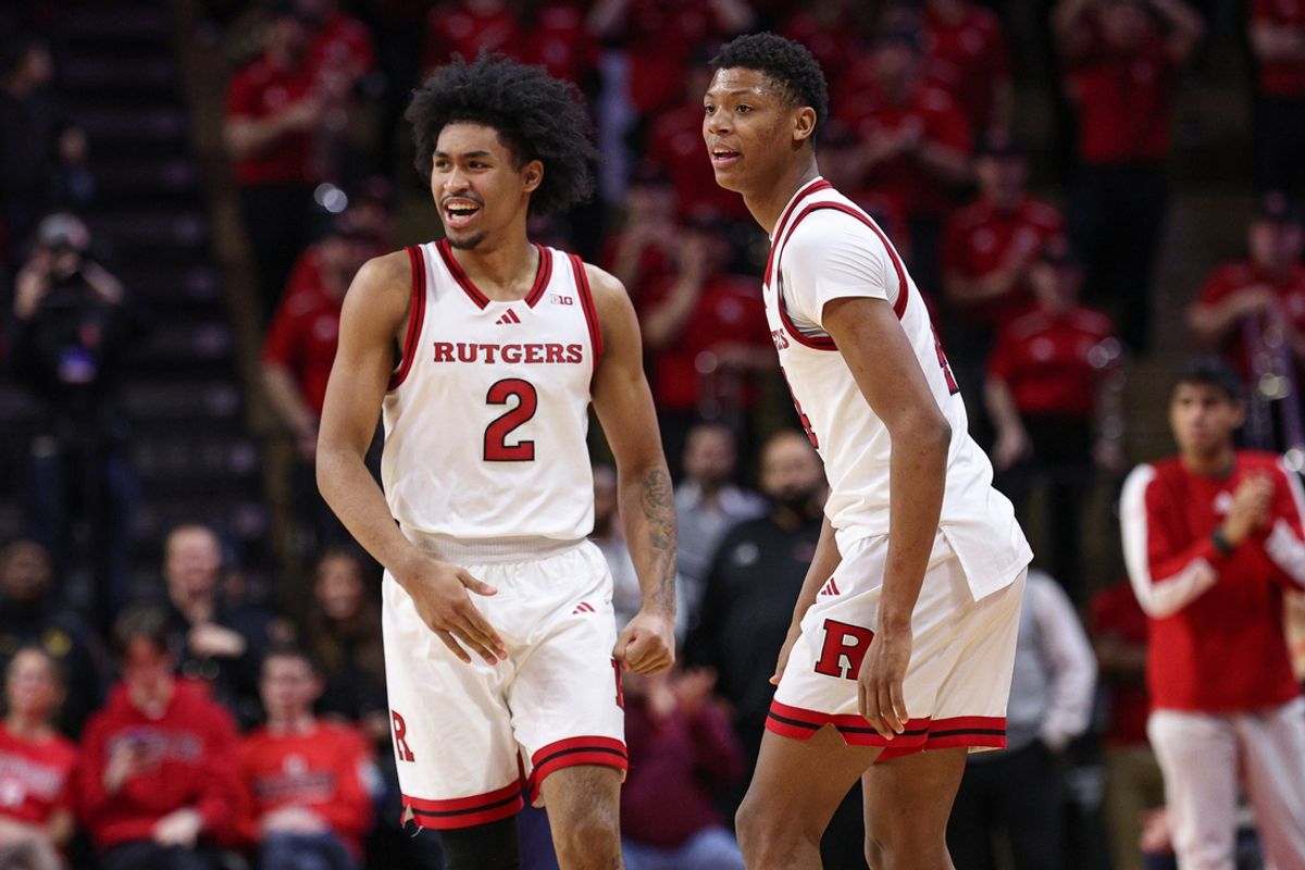 Jan 13, 2025; Piscataway, New Jersey, USA; Rutgers Scarlet Knights guard Dylan Harper (2) celebrates in front of guard Ace Bailey (4) during the second half against the UCLA Bruins at Jersey Mike's Arena. Mandatory Credit: Vincent Carchietta-Imagn Images