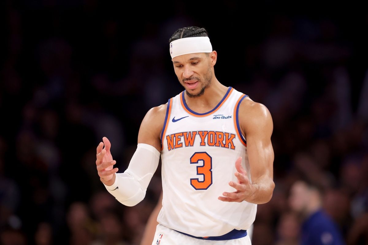 Jan 13, 2025; New York, New York, USA; New York Knicks guard Josh Hart (3) reacts during the third quarter against the Detroit Pistons at Madison Square Garden. Mandatory Credit: Brad Penner-Imagn Images