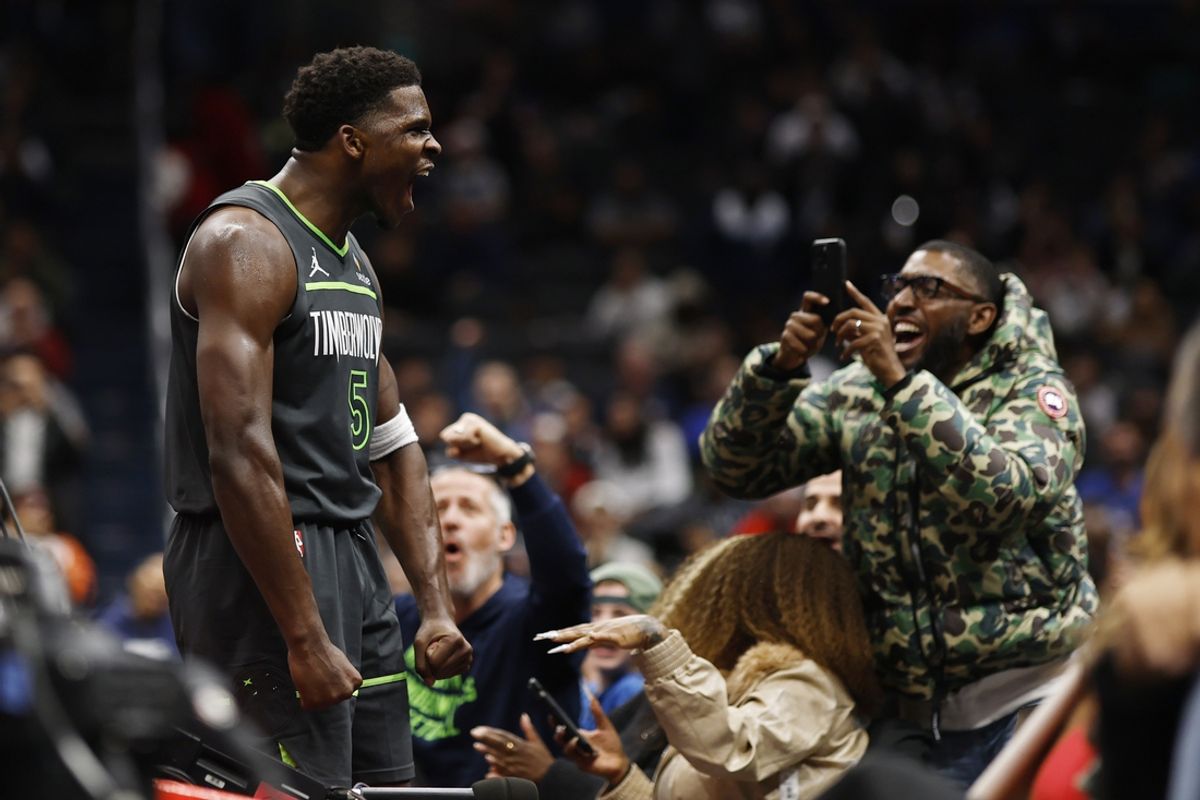 Jan 13, 2025; Washington, District of Columbia, USA; Minnesota Timberwolves guard Anthony Edwards (5) celebrates after scoring while being fouled against the Washington Wizards in the fourth quarter at Capital One Arena. Mandatory Credit: Geoff Burke-Imagn Images