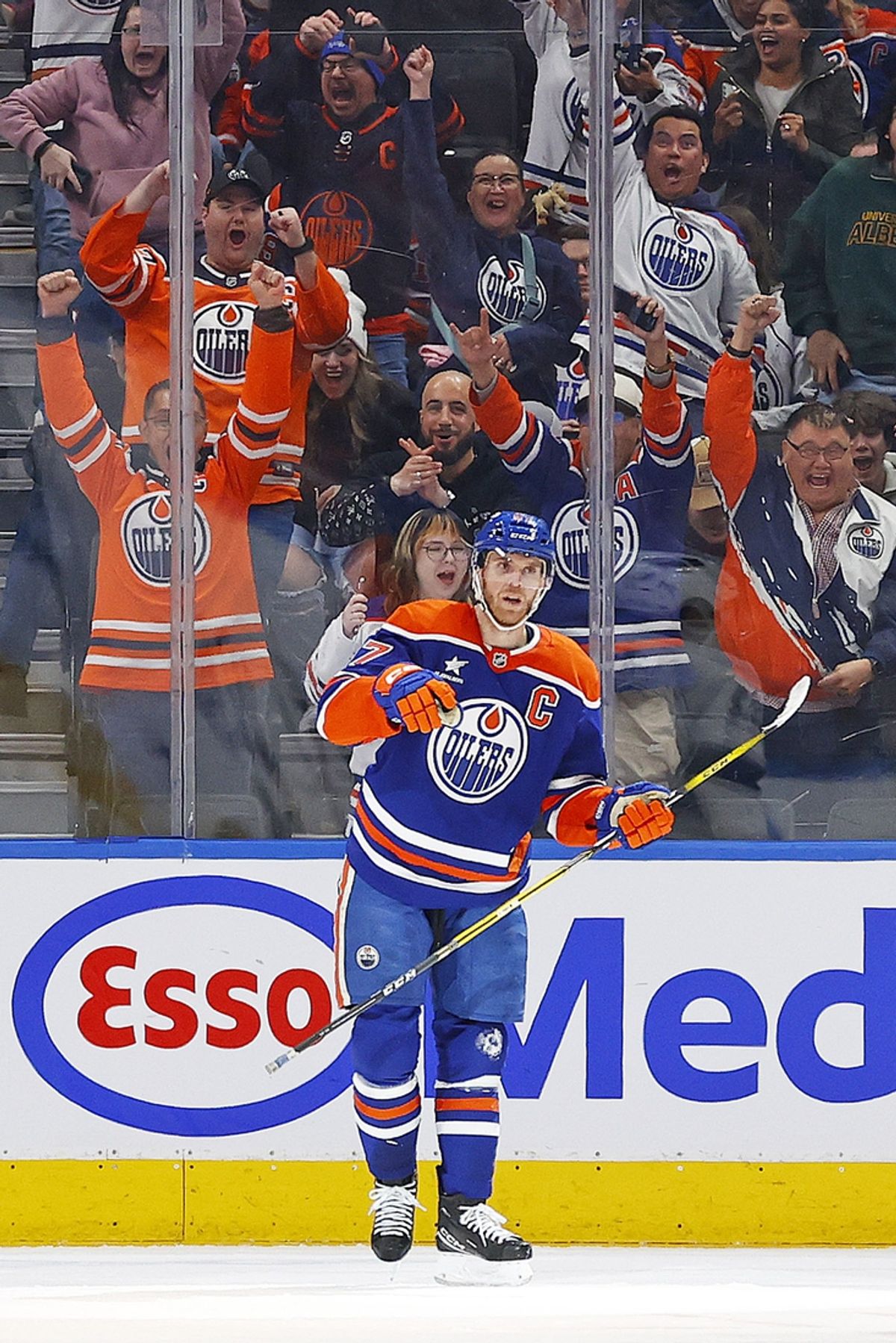Jan 13, 2025; Edmonton, Alberta, CAN; Edmonton Oilers forward Connor McDavid (97) celebrates after scoring a goal against the Los Angeles Kings during the second period at Rogers Place. Mandatory Credit: Perry Nelson-Imagn Images