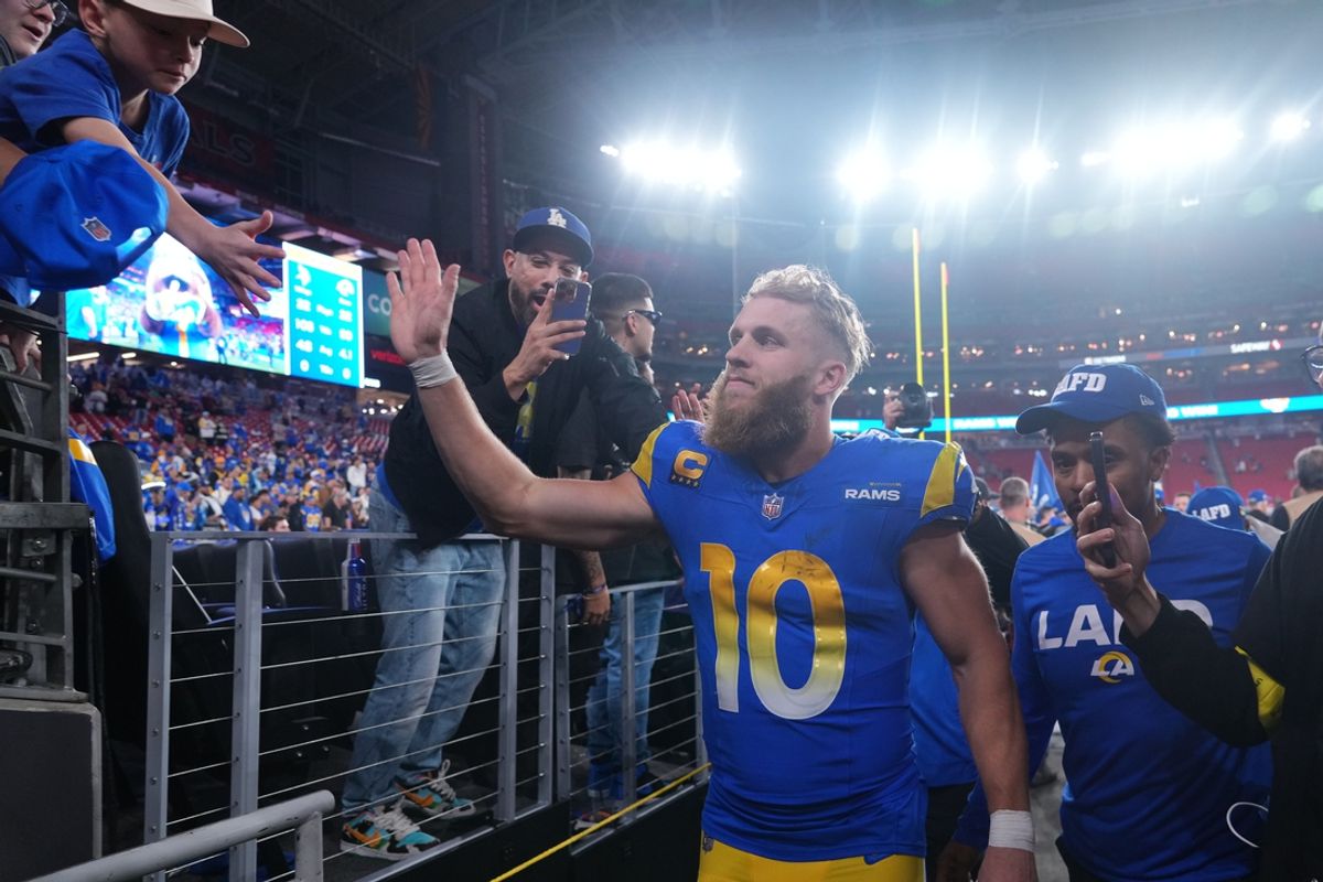 Jan 13, 2025; Glendale, AZ, USA; Los Angeles Rams wide receiver Cooper Kupp (10) reacts after the NFC wild card game against the Minnesota Vikings at State Farm Stadium. Mandatory Credit: Joe Camporeale-Imagn Images