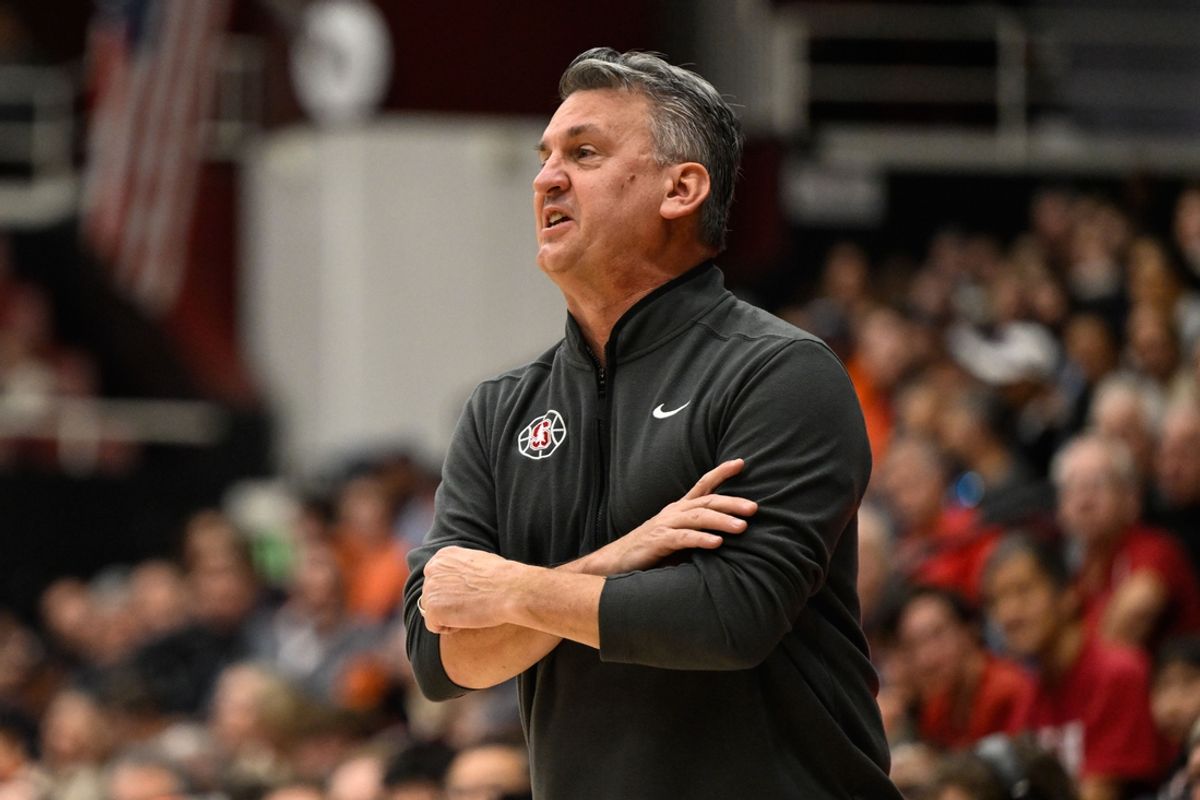 Jan 11, 2025; Stanford, California, USA; Stanford Cardinal head coach Kyle Smith watches from the sidelines against the Virginia Cavaliers in the second half at Maples Pavilion. Mandatory Credit: Eakin Howard-Imagn Images