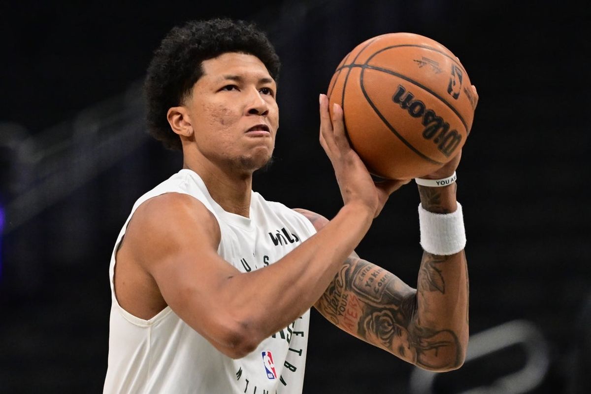 Jan 14, 2025; Milwaukee, Wisconsin, USA; Milwaukee Bucks guard MarJon Beauchamp (3) warms up before game against the Sacramento Kings at Fiserv Forum. Mandatory Credit: Benny Sieu-Imagn Images