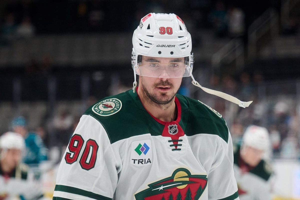 Jan 11, 2025; San Jose, California, USA; Minnesota Wild center Marcus Johansson (90) warms up on the ice before the game against the San Jose Sharks at SAP Center at San Jose. Mandatory Credit: Robert Edwards-Imagn Images