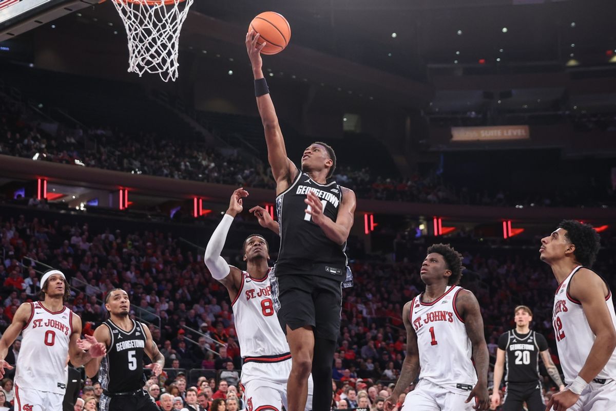 Jan 14, 2025; New York, New York, USA;  Georgetown Hoyas guard Curtis Williams Jr. (11) drives to the basket in the first half against the St. John's Red Storm at Madison Square Garden. Mandatory Credit: Wendell Cruz-Imagn Images