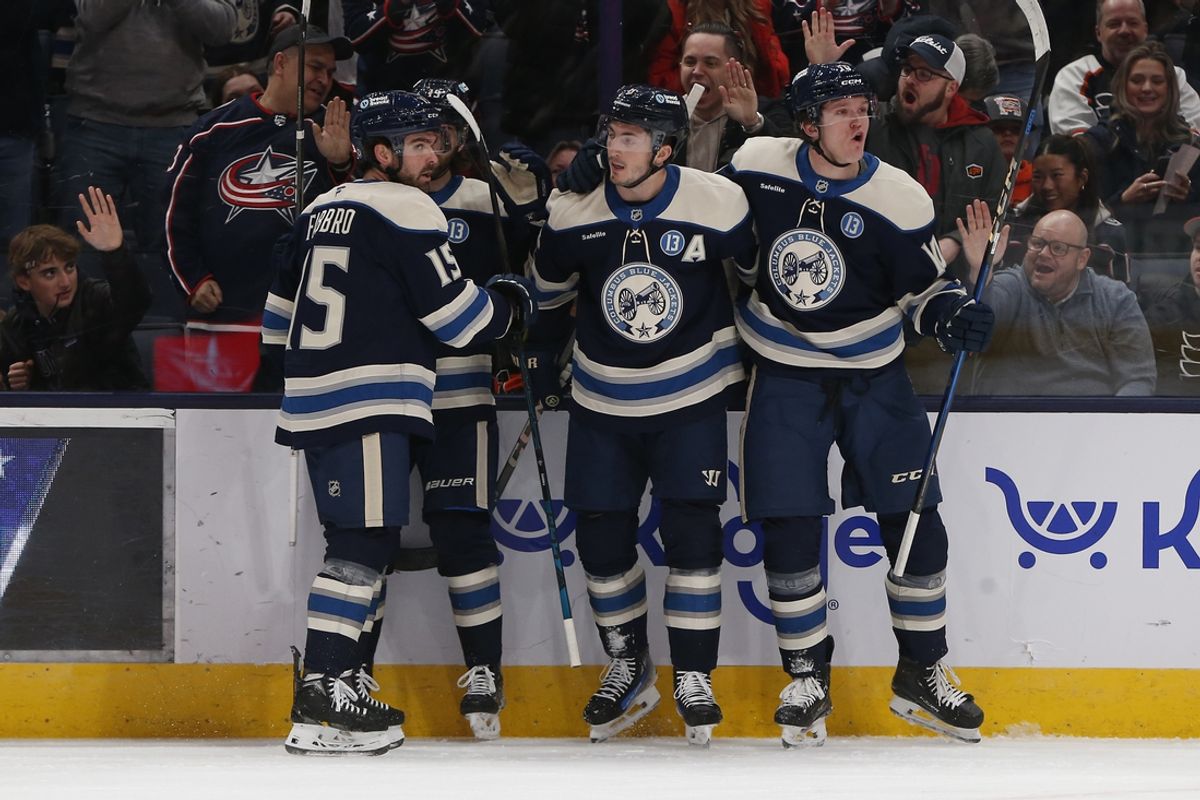 Jan 14, 2025; Columbus, Ohio, USA; Columbus Blue Jackets defenseman Zach Werenski (8) celebrates his goal against the Philadelphia Flyers during the first period at Nationwide Arena. Mandatory Credit: Russell LaBounty-Imagn Images