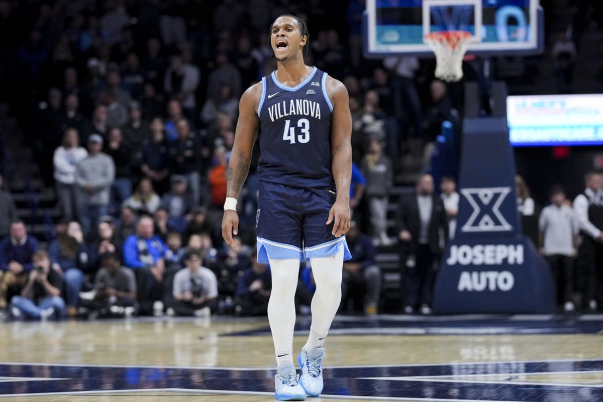 Jan 14, 2025; Cincinnati, Ohio, USA;  Villanova Wildcats forward Eric Dixon (43) reacts on the court against the Xavier Musketeers in the second half at the Cintas Center. Mandatory Credit: Aaron Doster-Imagn Images