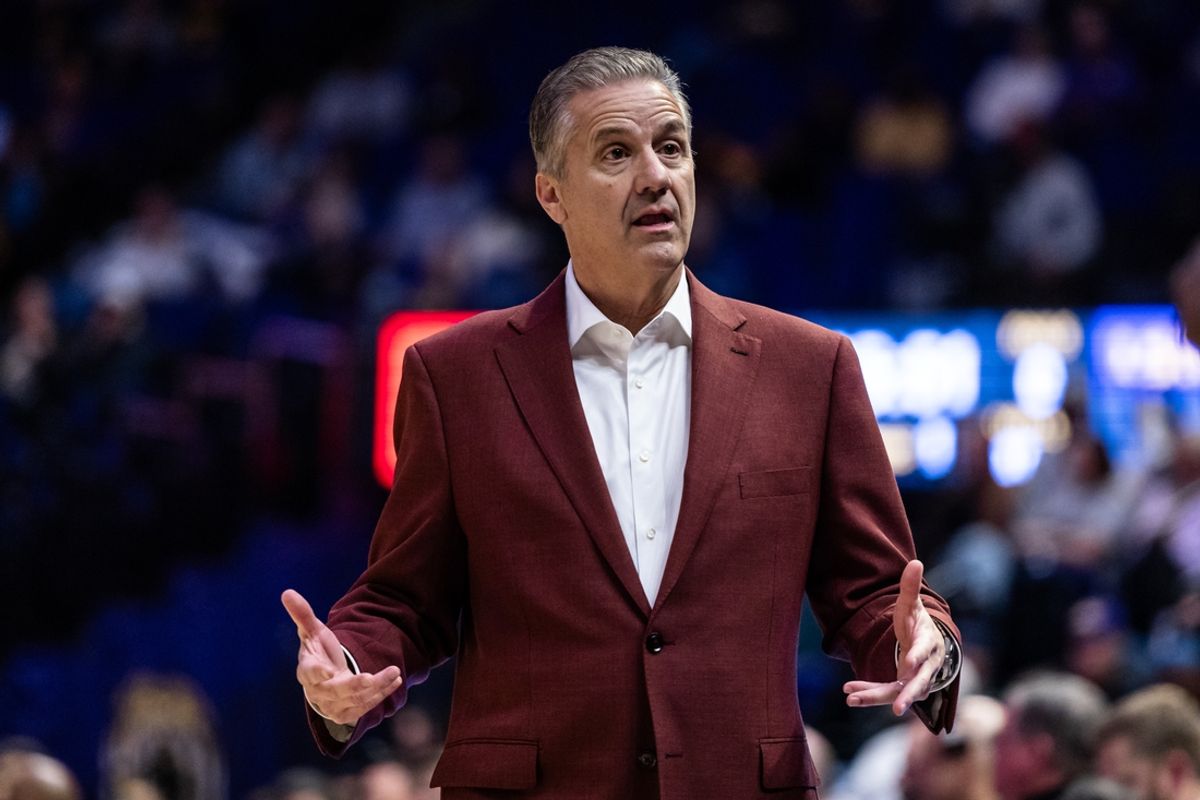 Jan 14, 2025; Baton Rouge, Louisiana, USA;  Arkansas Razorbacks head coach John Calipari reacts to a play against the LSU Tigers during the first half at Pete Maravich Assembly Center. Mandatory Credit: Stephen Lew-Imagn Images