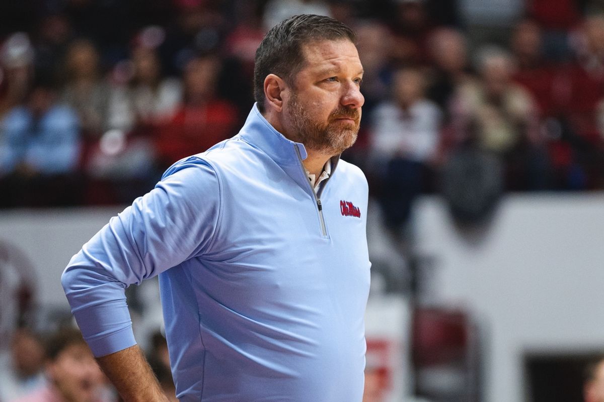 Jan 14, 2025; Tuscaloosa, Alabama, USA; Mississippi Rebels head coach Chris Beard watches the game from the bench during the second half against the Alabama Crimson Tide at Coleman Coliseum. Mandatory Credit: Will McLelland-Imagn Images