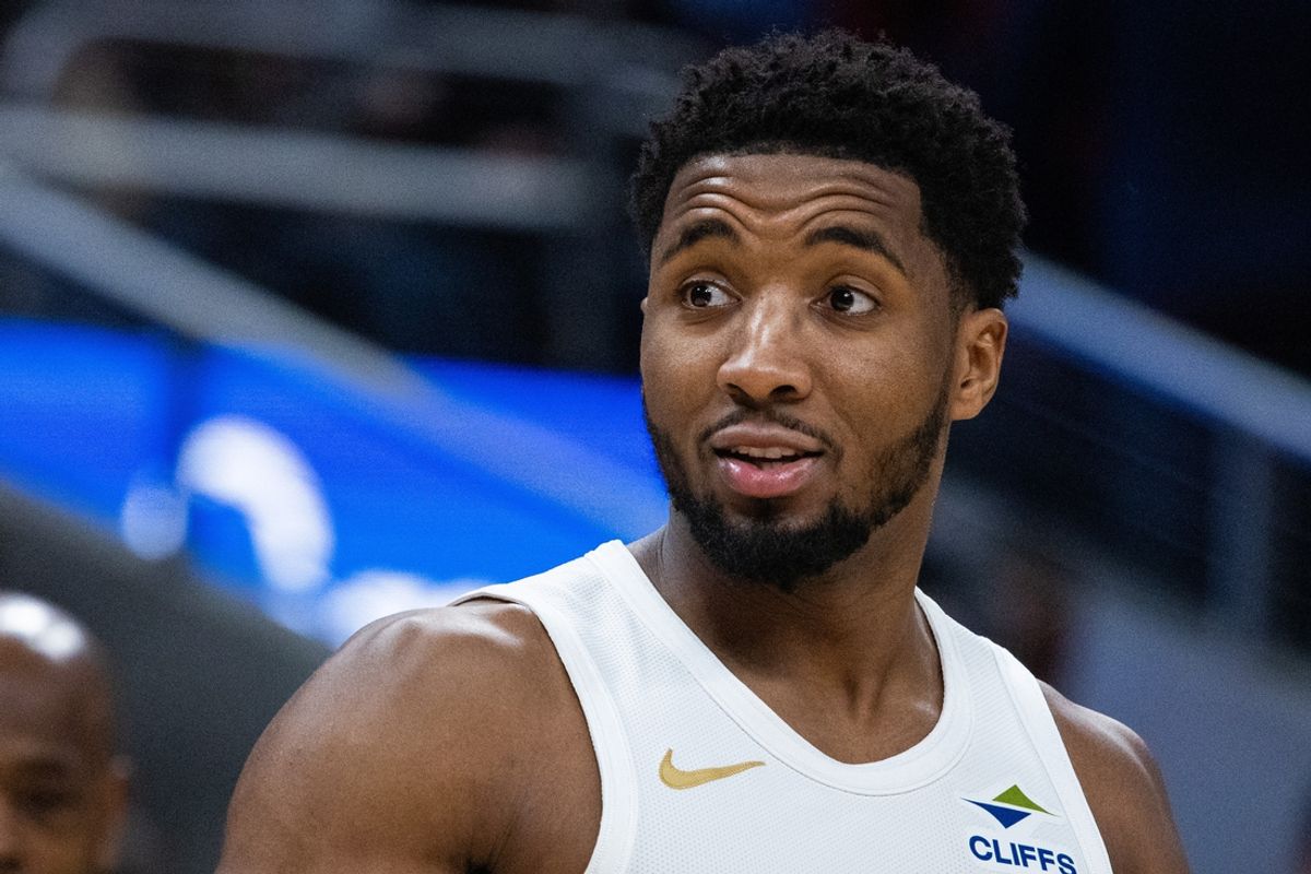 Jan 14, 2025; Indianapolis, Indiana, USA;  Cleveland Cavaliers guard Donovan Mitchell (45) reacts in the second half against the Indiana Pacers at Gainbridge Fieldhouse. Mandatory Credit: Trevor Ruszkowski-Imagn Images