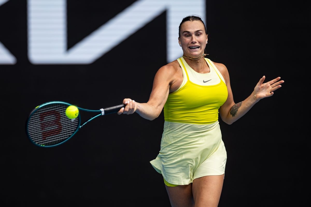 Jan 15, 2025; Melbourne, Victoria, Australia; Aryna Sabalenka hits a forehand during her match against Jessica Bouzas Maneiro of Spain in the second round of the women's singles at the 2025 Australian Open at Melbourne Park. Mandatory Credit: Mike Frey-Imagn Images