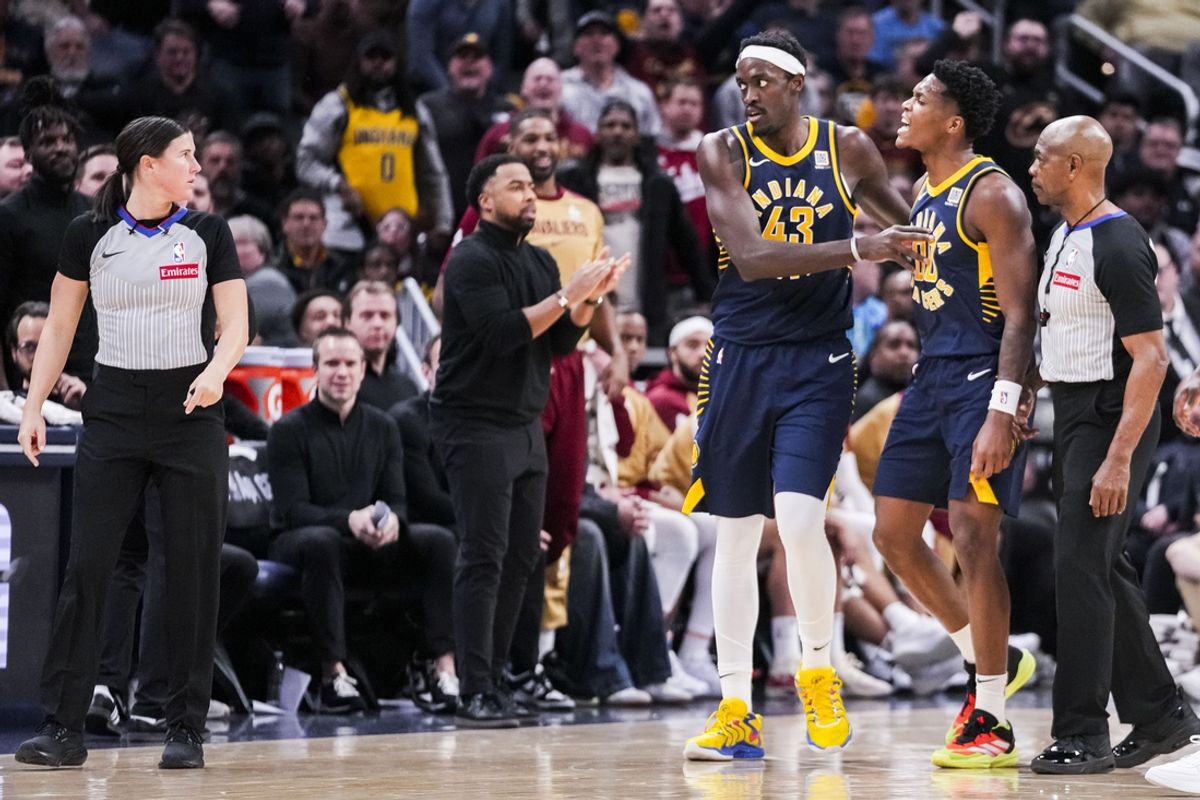 Jan 14, 2025; Indianapolis, IN, USA; Indiana Pacers forward Pascal Siakam (43) holds back Indiana Pacers guard Bennedict Mathurin (00) as he gets ejected from the game Tuesday, Jan. 14, 2025, during an NBA game between the Indiana Pacers and the Cleveland Cavaliers at Gainbridge Fieldhouse in Indianapolis. The Cavaliers defeated the Pacers, 127-117. Mandatory Credit: Grace Smith/USA TODAY Network via Imagn Images