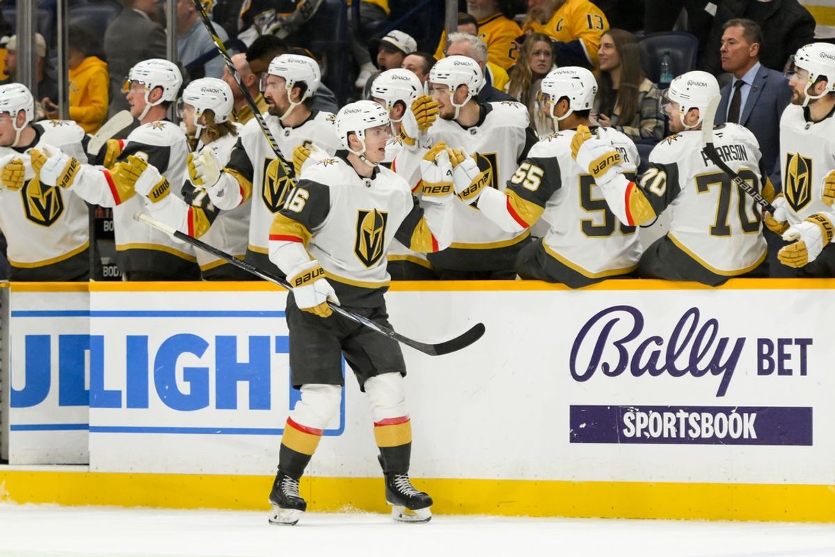 Jan 14, 2025; Nashville, Tennessee, USA;  Vegas Golden Knights left wing Pavel Dorofeyev (16) celebrates his third goal against the Nashville Predators during the third period at Bridgestone Arena. Mandatory Credit: Steve Roberts-Imagn Images