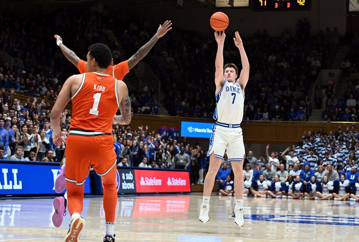 Jan 14, 2025; Durham, North Carolina, USA; Duke Blue Devils forward Kon Knueppel (7) shoots during the second half against the Miami Hurricanes at Cameron Indoor Stadium. Mandatory Credit: Rob Kinnan-Imagn Images