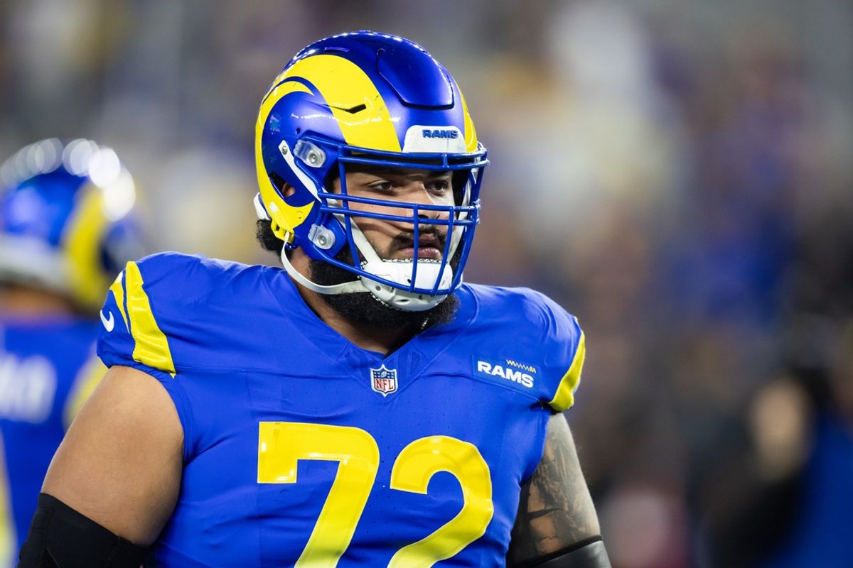 Jan 13, 2025; Glendale, AZ, USA; Los Angeles Rams guard Jonah Jackson (72) against the Minnesota Vikings during an NFC wild card game at State Farm Stadium. Mandatory Credit: Mark J. Rebilas-Imagn Images