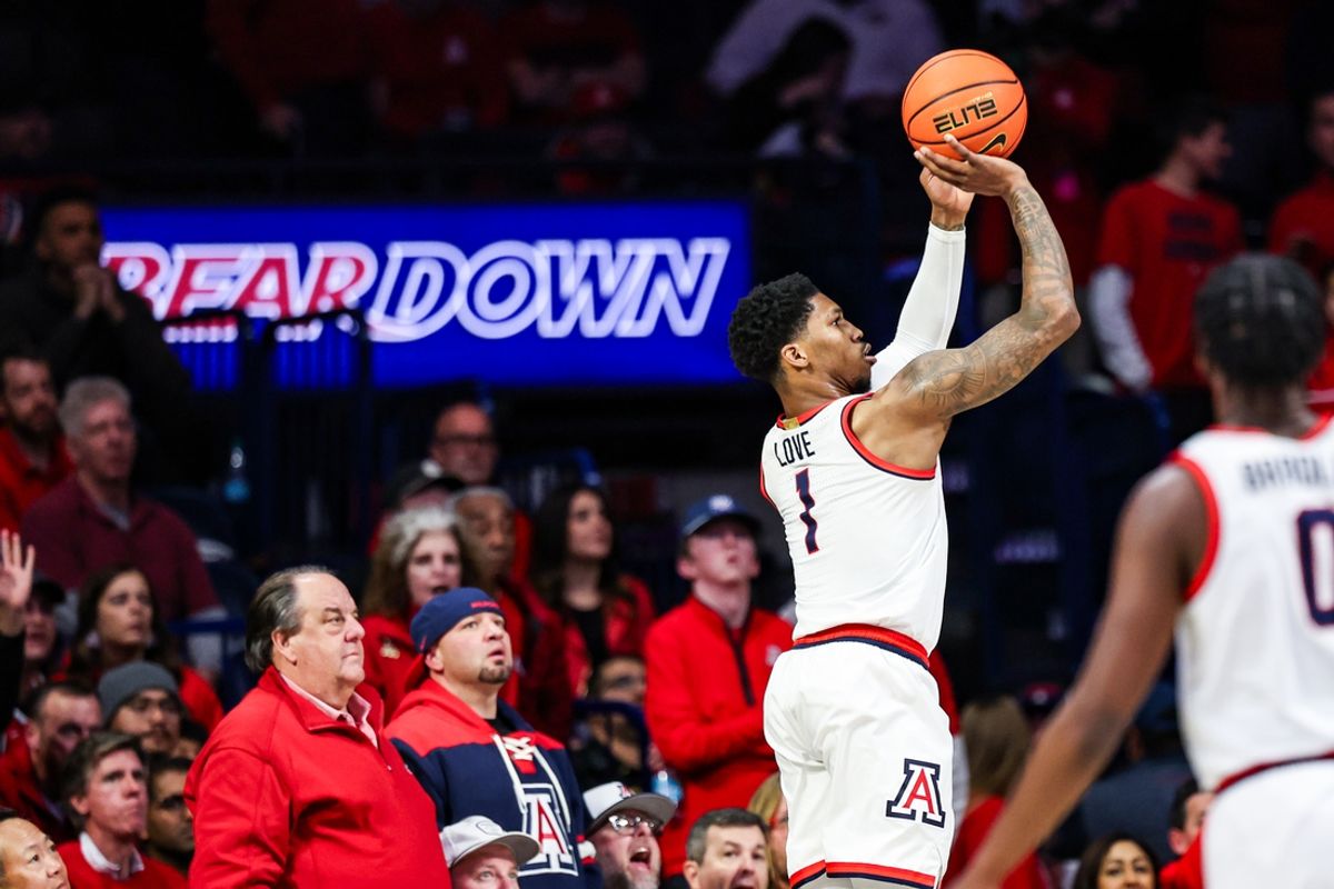 Jan 14, 2025; Tucson, Arizona, USA; Arizona Wildcats guard Caleb Love (1) shoots a three point shot during the first half against the Baylor Bears at McKale Center. Mandatory Credit: Aryanna Frank-Imagn Images