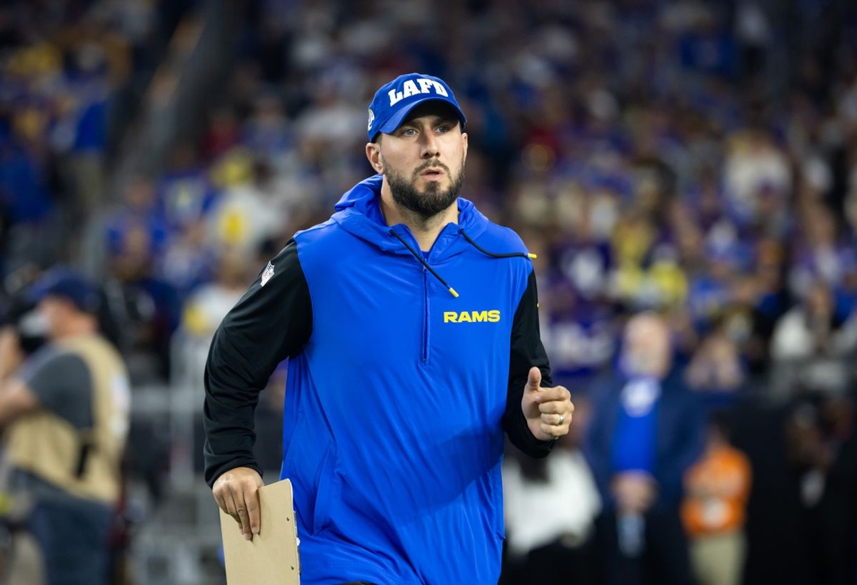 Jan 13, 2025; Glendale, AZ, USA; Los Angeles Rams tight ends coach Nick Caley against the Minnesota Vikings during an NFC wild card game at State Farm Stadium. Mandatory Credit: Mark J. Rebilas-Imagn Images