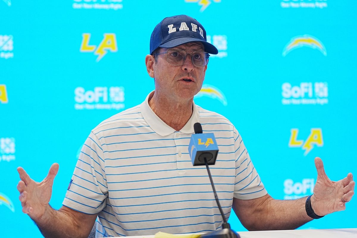 Jan 15, 2025; El Segundo, CA, USA; Los Angeles Chargers coach Jim Harbaugh at a press conference at The Bolt. Mandatory Credit: Kirby Lee-Imagn Images