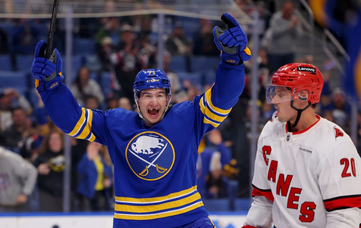 Jan 15, 2025; Buffalo, New York, USA;  Buffalo Sabres center Ryan McLeod (71) reacts after scoring his second goal of the game during the second period against the Carolina Hurricanes at KeyBank Center. Mandatory Credit: Timothy T. Ludwig-Imagn Images