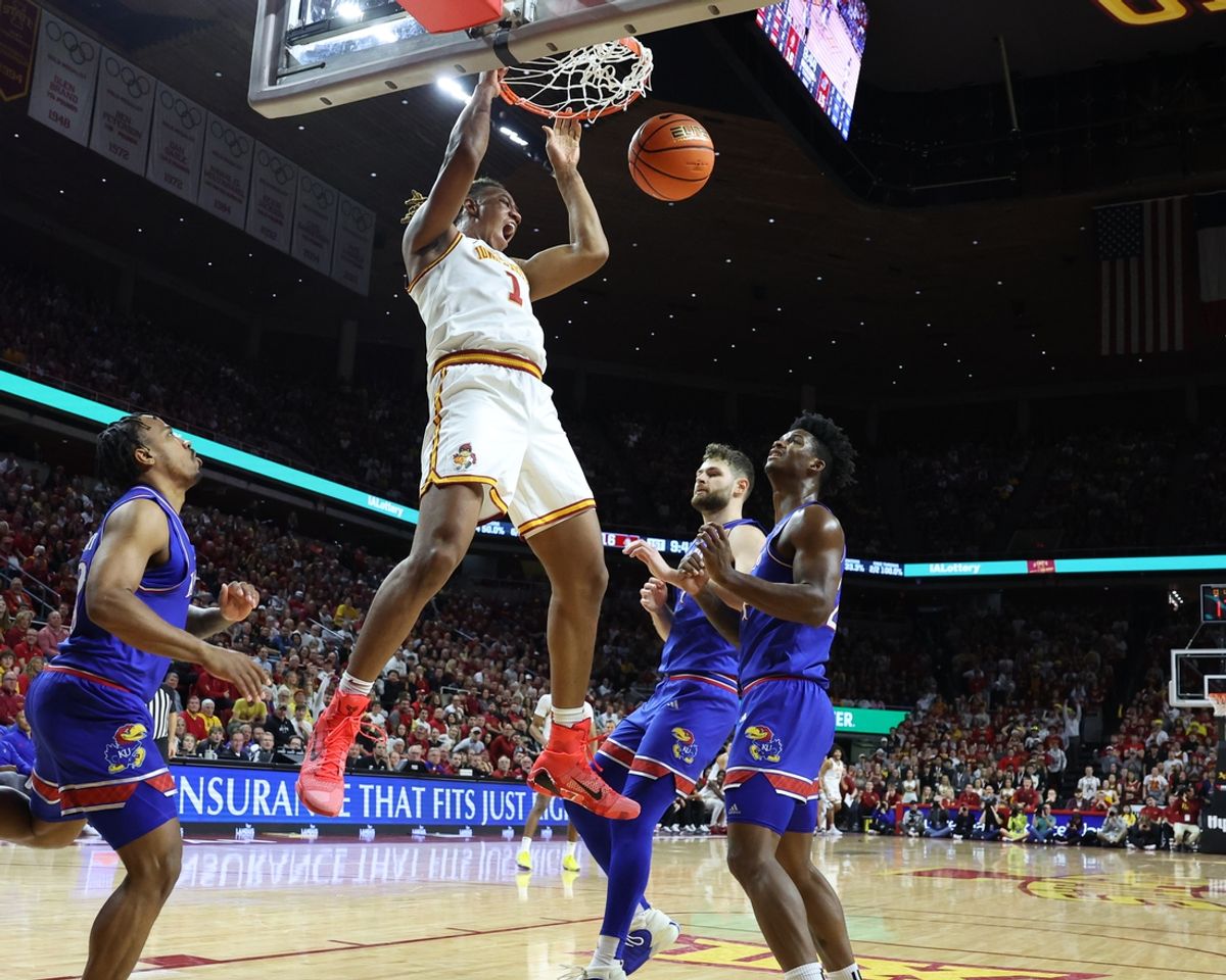 Jan 15, 2025; Ames, Iowa, USA; Iowa State Cyclones center Dishon Jackson (1) scores against the Kansas Jayhawks in the first half at James H. Hilton Coliseum. Mandatory Credit: Reese Strickland-Imagn Images