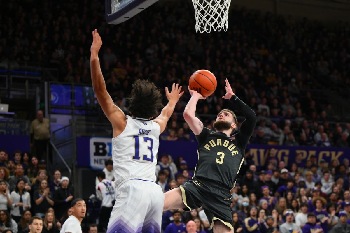 Jan 15, 2025; Seattle, Washington, USA; Purdue Boilermakers guard Braden Smith (3) shoots the ball while guarded by Washington Huskies guard Jase Butler (13) during the first half at Alaska Airlines Arena at Hec Edmundson Pavilion. Mandatory Credit: Steven Bisig-Imagn Images