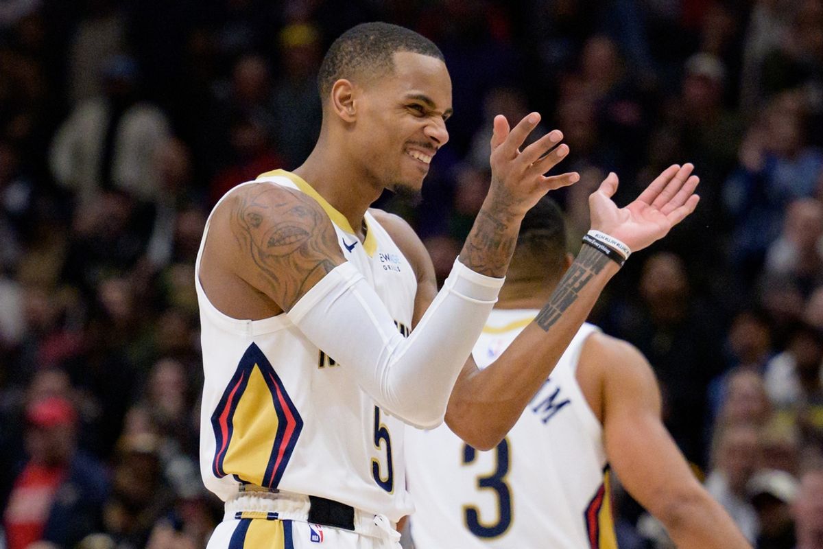 Jan 15, 2025; New Orleans, Louisiana, USA; New Orleans Pelicans guard Dejounte Murray (5) claps later in the fourth quarter against the Dallas Mavericks at Smoothie King Center. Mandatory Credit: Matthew Hinton-Imagn Images