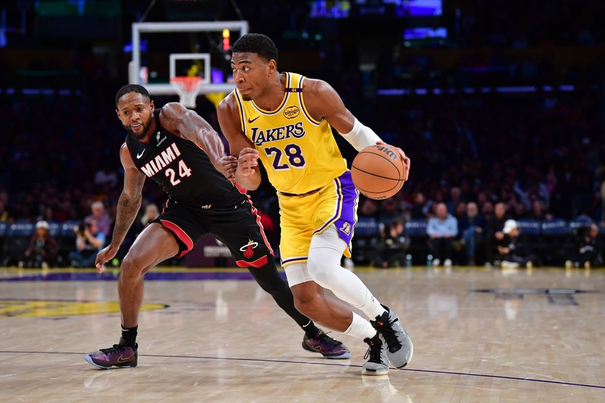 January 15, 2025; Los Angeles, California, USA; Los Angeles Lakers forward Rui Hachimura (28) moves to the basket against Miami Heat forward Haywood Highsmith (24) during the second half at Crypto.com Arena. Mandatory Credit: Gary A. Vasquez-Imagn Images