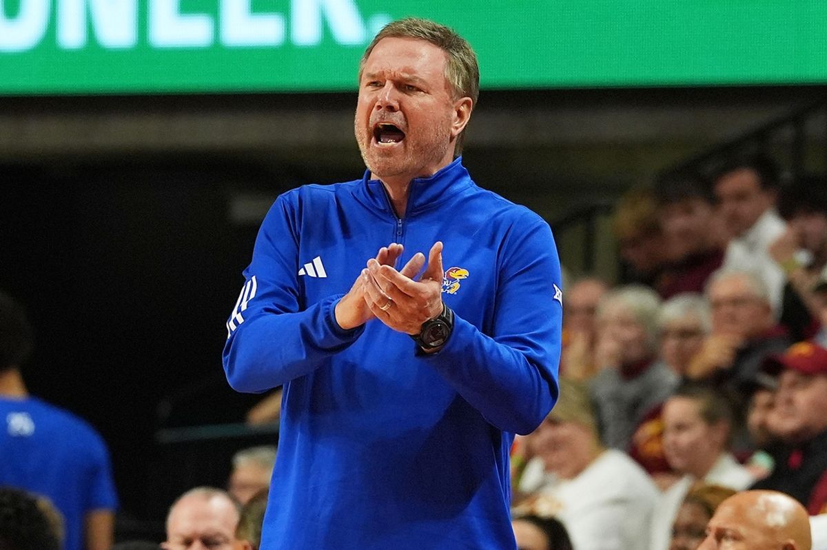 Kansas Jayhawks men's basketball head coach Bill Self reacts from the bench during the first half against Iowa State in the Big-12 men’s basketball showdown at Hilton Coliseum on Wednesday, Jan. 15, 2025 in Ames, Iowa.