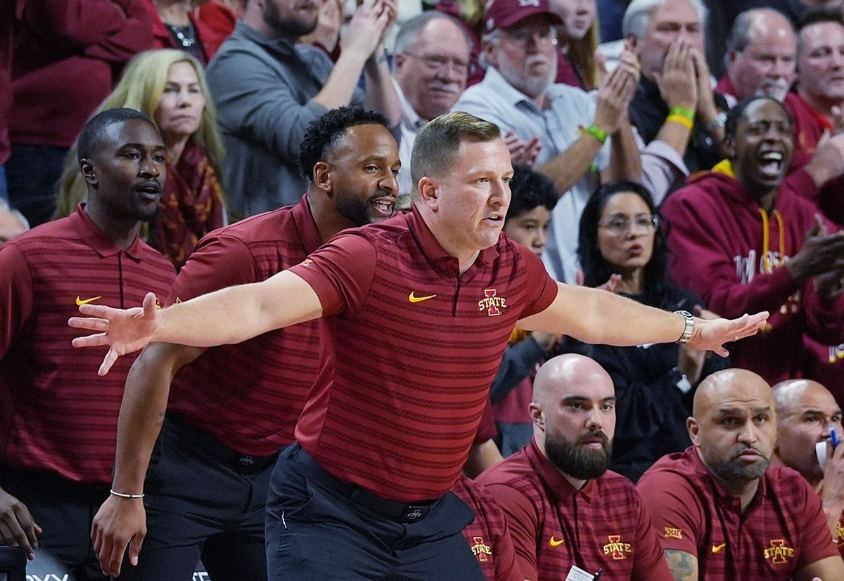 Iowa State Cyclones men's basketball head coach T.J. Otzelberger reacts from the bench during the first half against Kansas in the Big-12 men’s basketball showdown at Hilton Coliseum on Wednesday, Jan. 15, 2025 in Ames, Iowa.