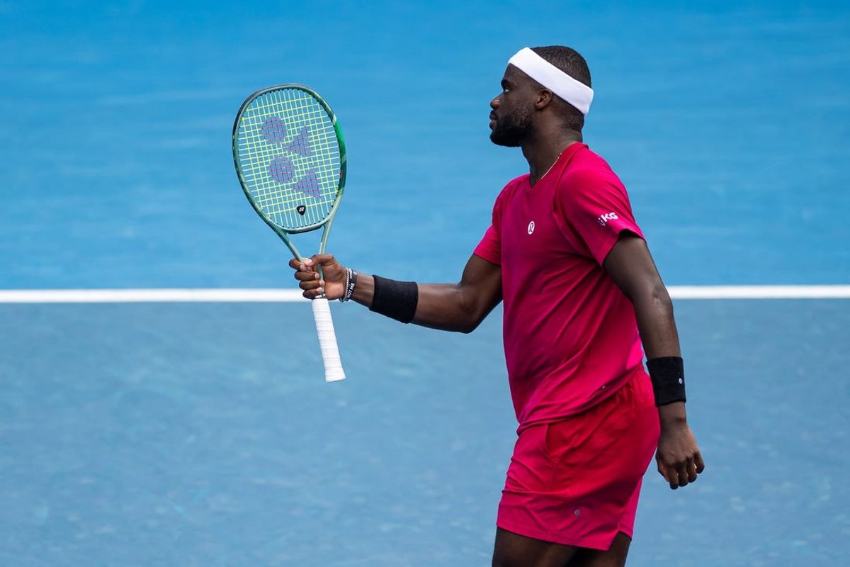 Jan 16, 2025; Melbourne, Victoria, Australia; Frances Tiafoe of United States of America gestures during his match against Fabian Marozsan of Hungary in the second round of the men's singles at the 2025 Australian Open at Melbourne Park. Mandatory Credit: Mike Frey-Imagn Images