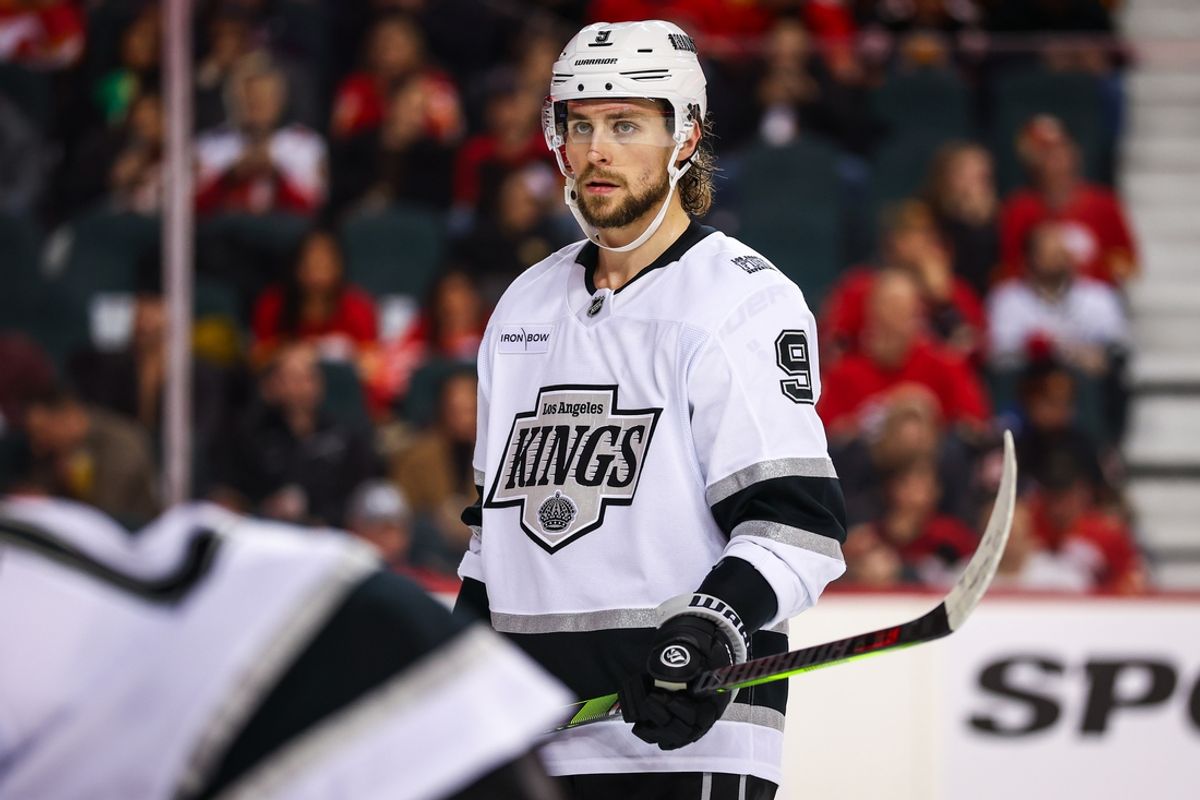 Jan 11, 2025; Calgary, Alberta, CAN; Los Angeles Kings right wing Adrian Kempe (9) against the Calgary Flames during the third period at Scotiabank Saddledome. Mandatory Credit: Sergei Belski-Imagn Images