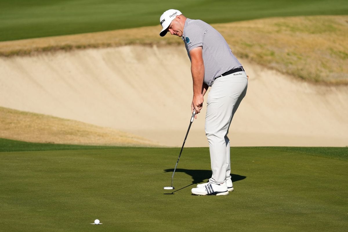 Sepp Straka watches his putt on 16th green on the Nicklaus Tournament course during the first round of The American Express at PGA West in La Quinta, Calif., on Thursday, Jan. 16, 2025.