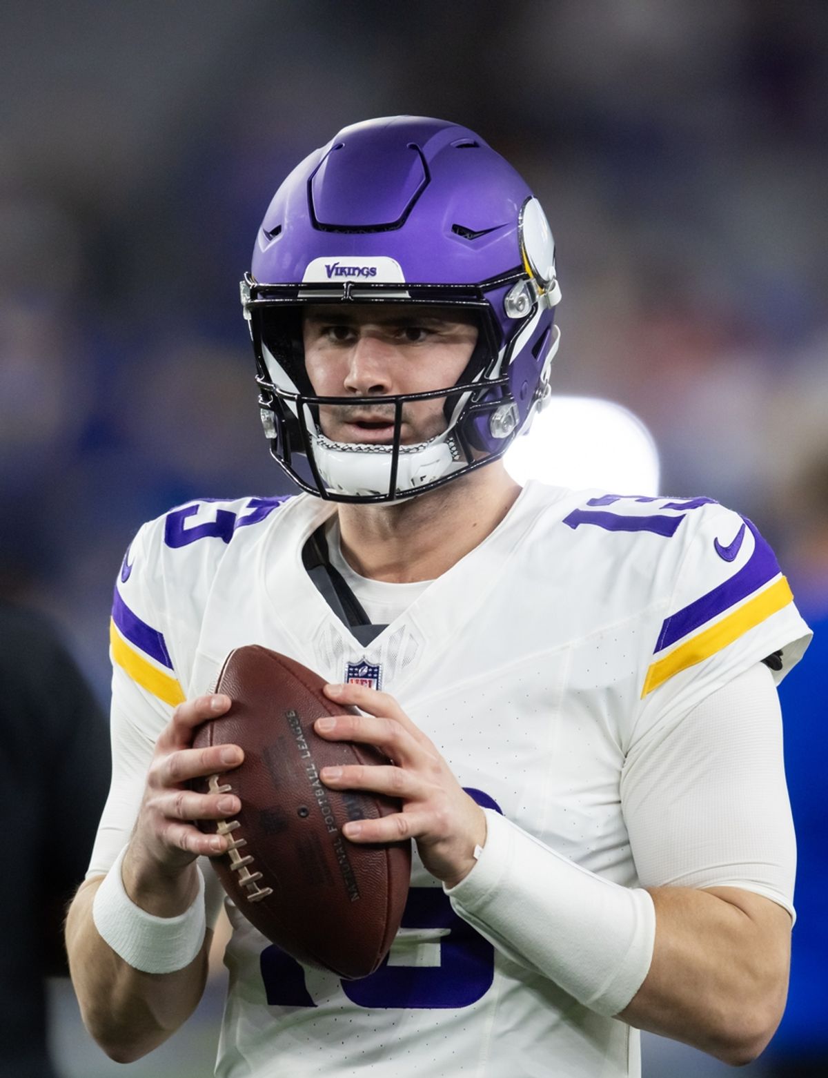 Jan 13, 2025; Glendale, AZ, USA; Minnesota Vikings quarterback Daniel Jones (13) against the Los Angeles Rams during an NFC wild card game at State Farm Stadium. Mandatory Credit: Mark J. Rebilas-Imagn Images